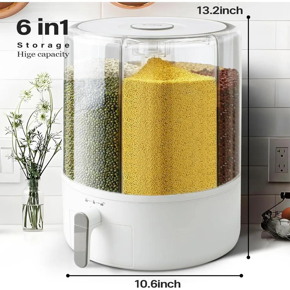 

Grain and Rice Storage Container, 6 Grid Grain Dispenser, 360° Rotating 25lb Large Food Dispenser, Rice Dispenser Upgrade