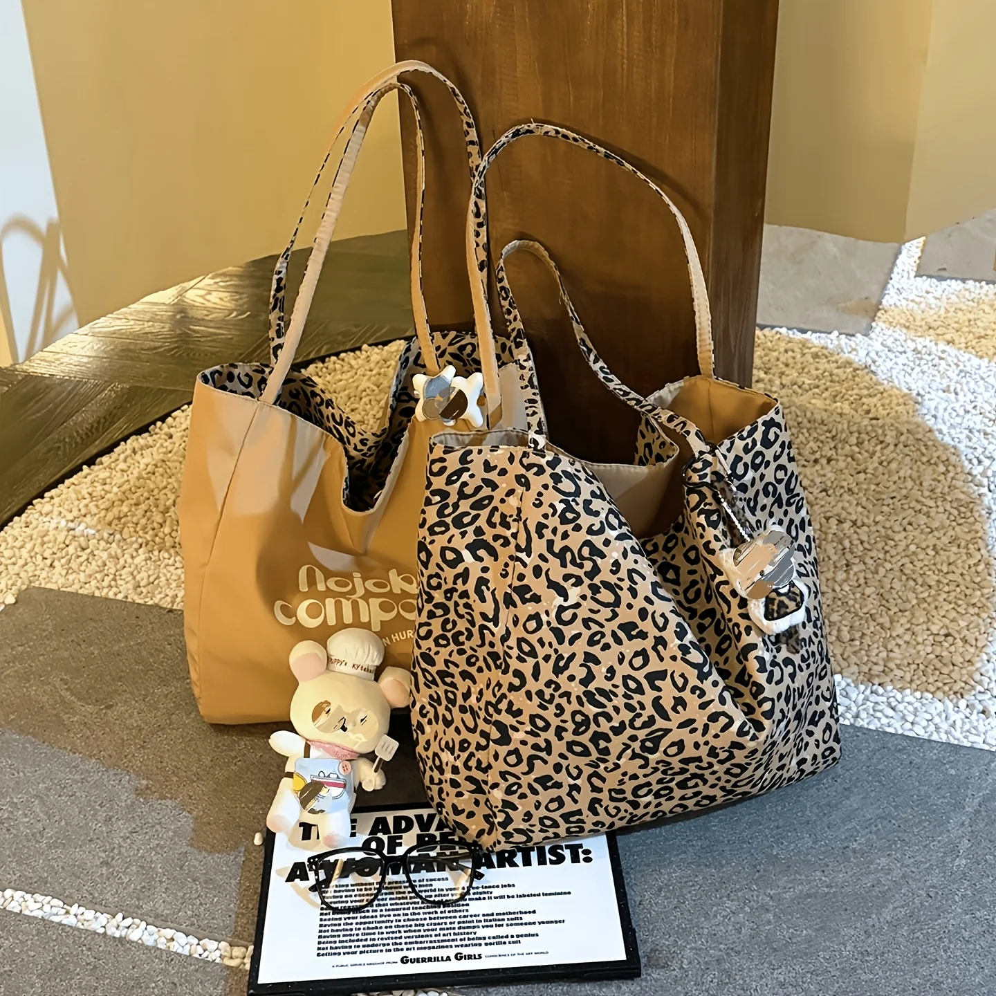 Reversible Leopard Print Tote Bag Large Capacity Nylon Shoulder Bag Double‑Sided Use Casual Commute School Shopping Handbag