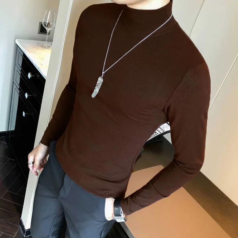 Frühling Neue männer Rollkragen T-shirt Langarm Slim Fit Einfarbig Hohe Elastische Bodenbildung Pullover Grundlegende Stil Männliche Tops – Detail 11