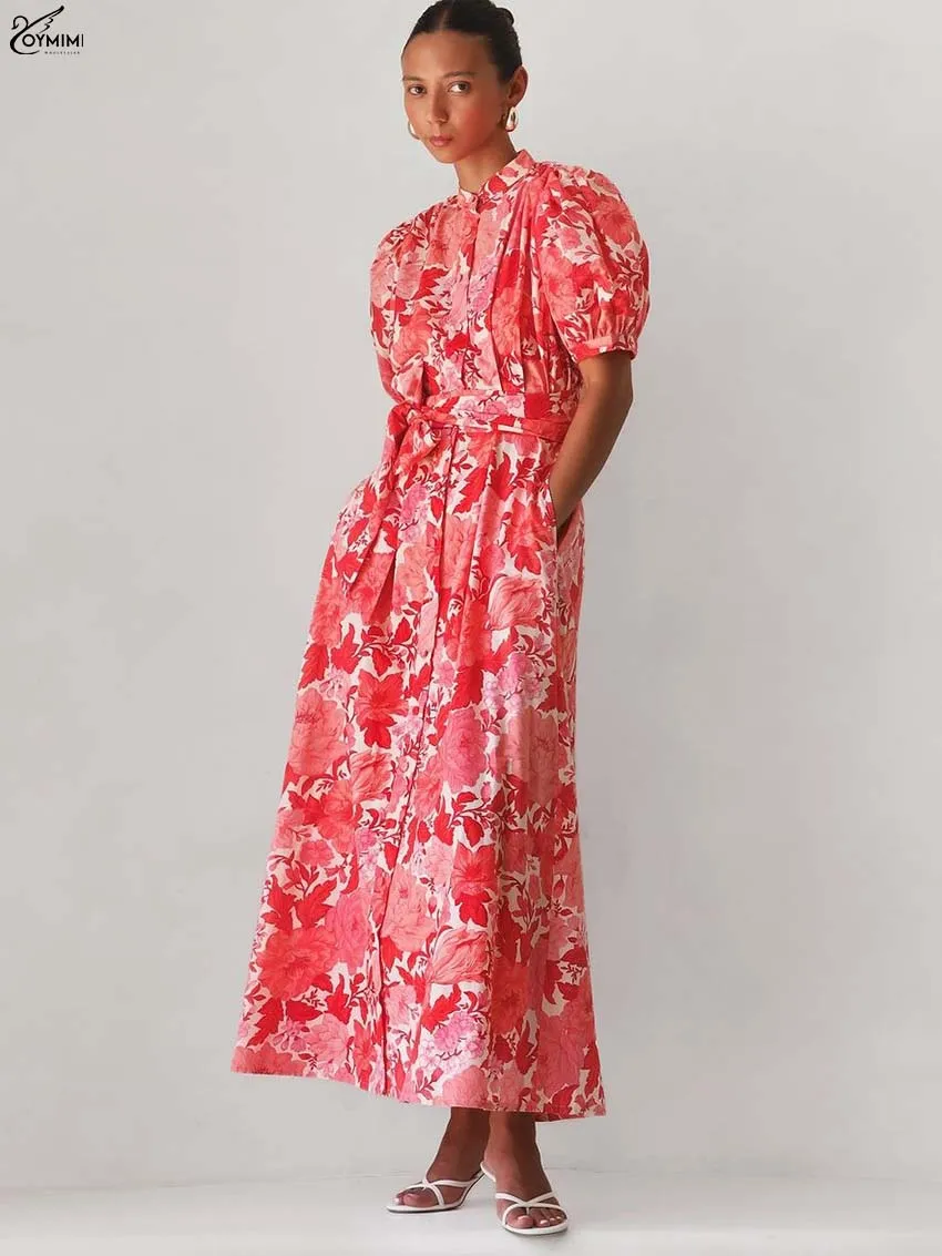 

Oymimi Elegant Red Print Dresses 2025 Woman Fashion O-Neck Short Sleeve Lace-Up Dress Casual Single Breasted Ankle-Length Dress