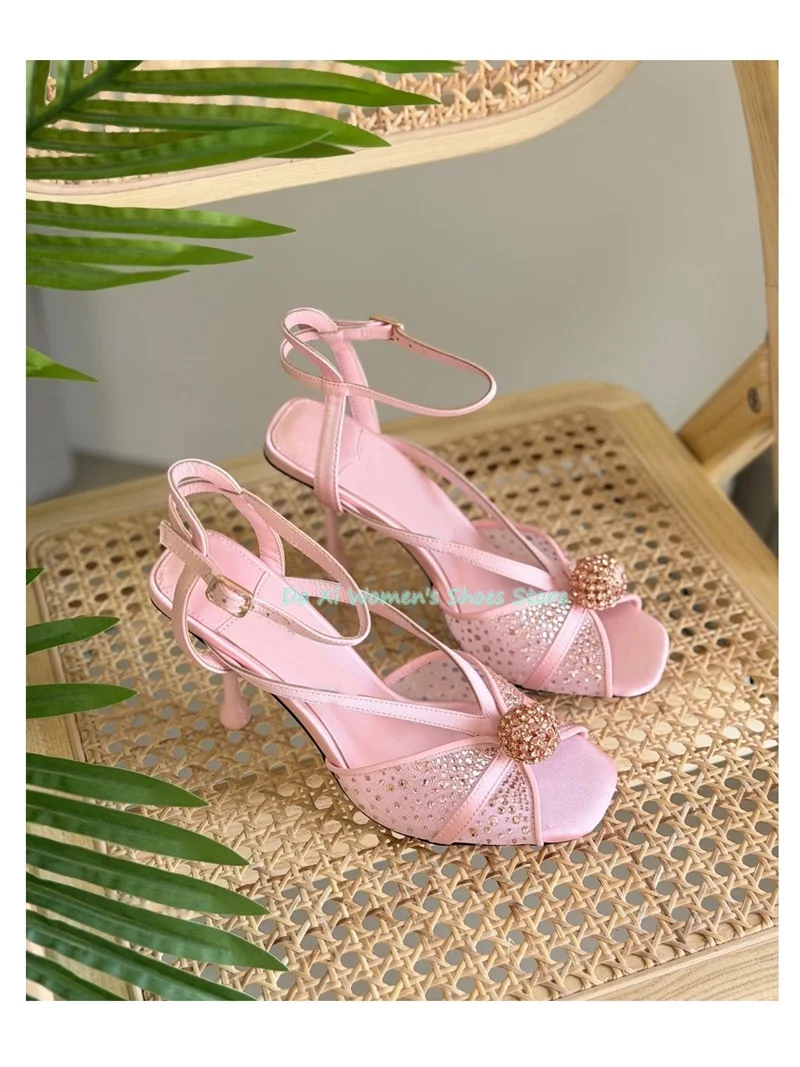 Square-Toe Mesh High Heels With Rhinestones and Teardrop Heel Evening Sandals product photo