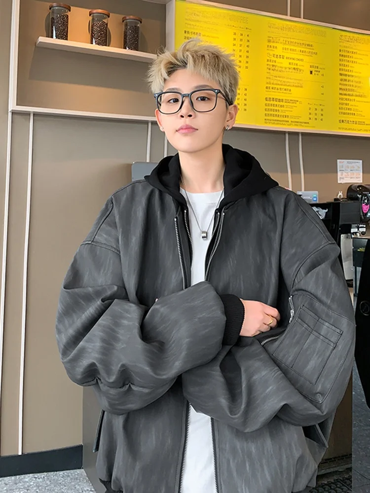 

American Sle Fake Two-Piece PU Leather Texture Jaet Men's Faionable Autumn Vintage High Street Cool Couple Top