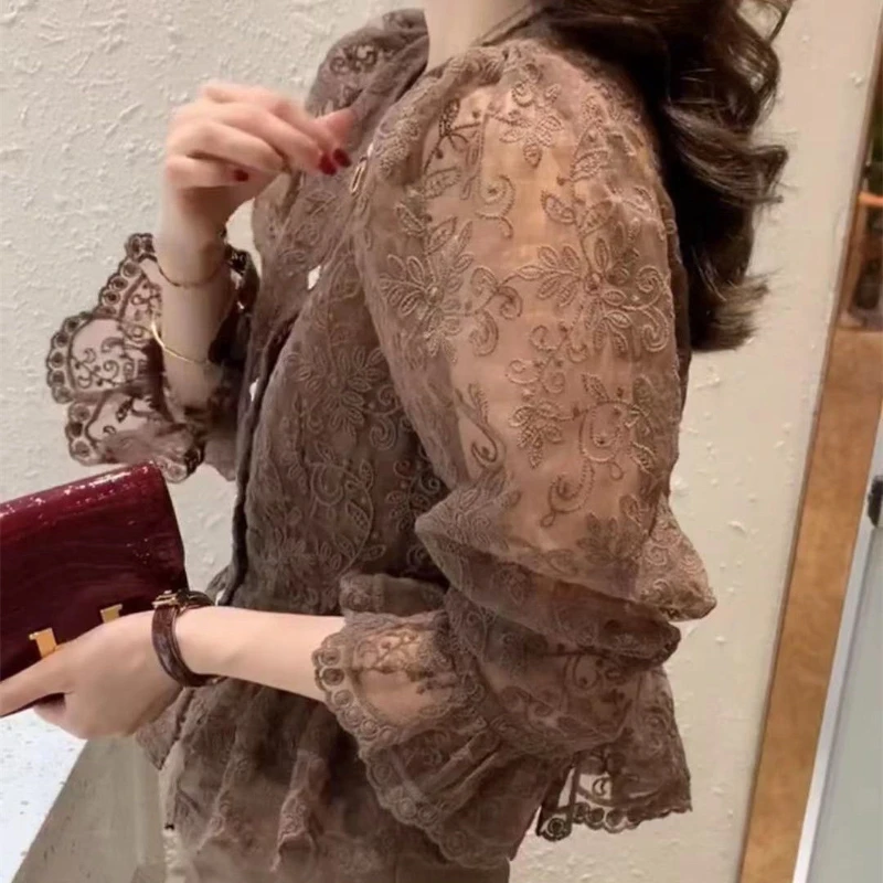 2022 Spring Summer New Fashion French Puff Sleeve Lace Shirt Round Neck Long Sleeve Cutout Blouse Korean Style Solid Mesh Shirt