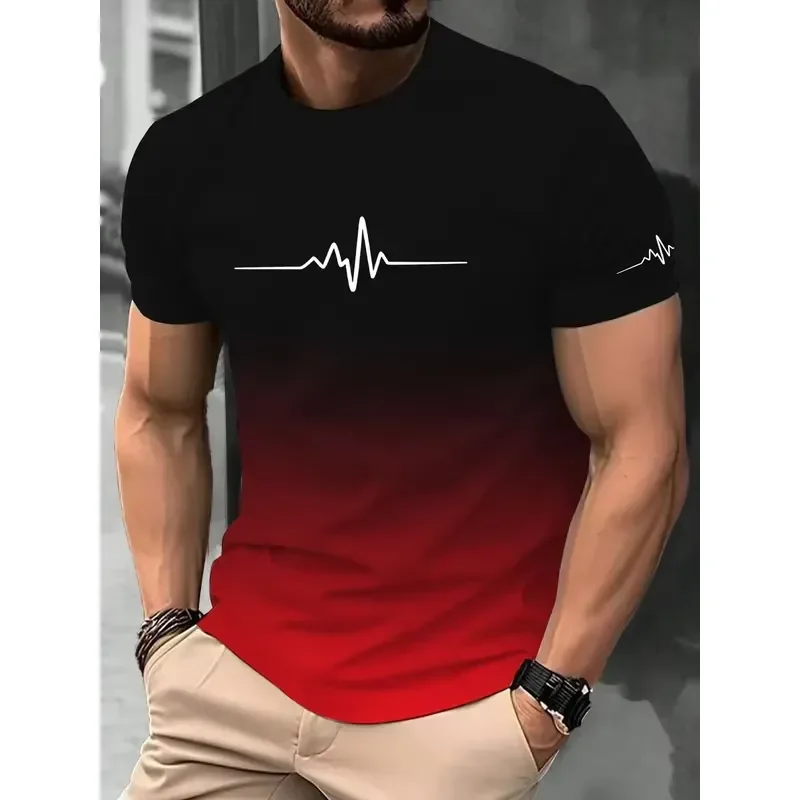 3D Digital Print Men Black Red Gradient T Shirt White Heartbeat ECG Print Crew Neck Short Sleeve Tops 2026 Fashion Streetwear