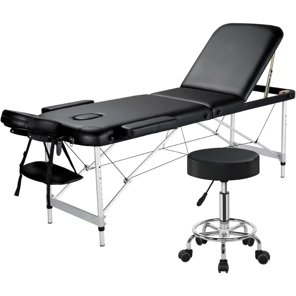 

Aluminium 3 Folding Massage Table with Rolling Stool Portable Massage Bed Spa Bed Stool Adjustable Swivel Salon Chair Massage T