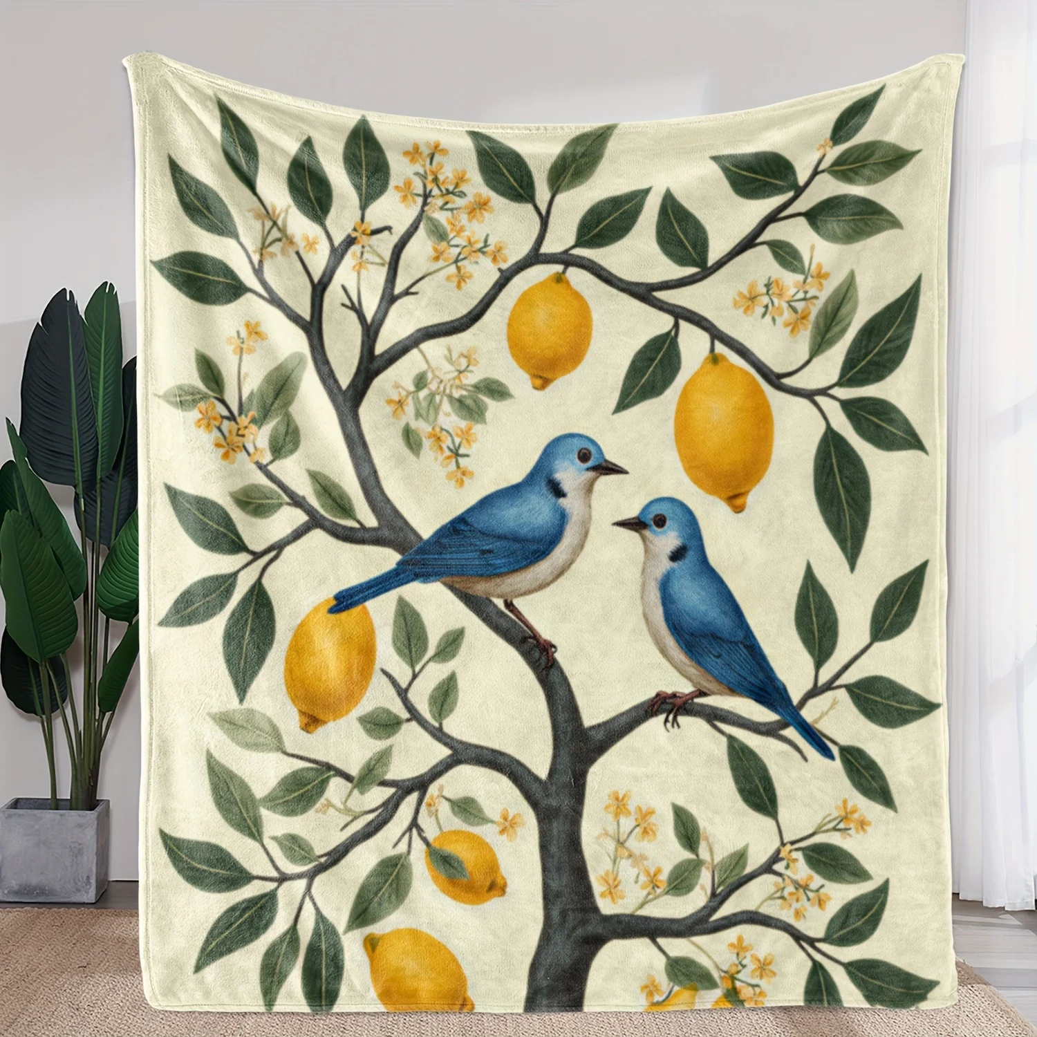 1 manta con estampado de pino y limón, fabricada en poliéster. Lavable en máquina, apto para dormitorios y salas de estar.