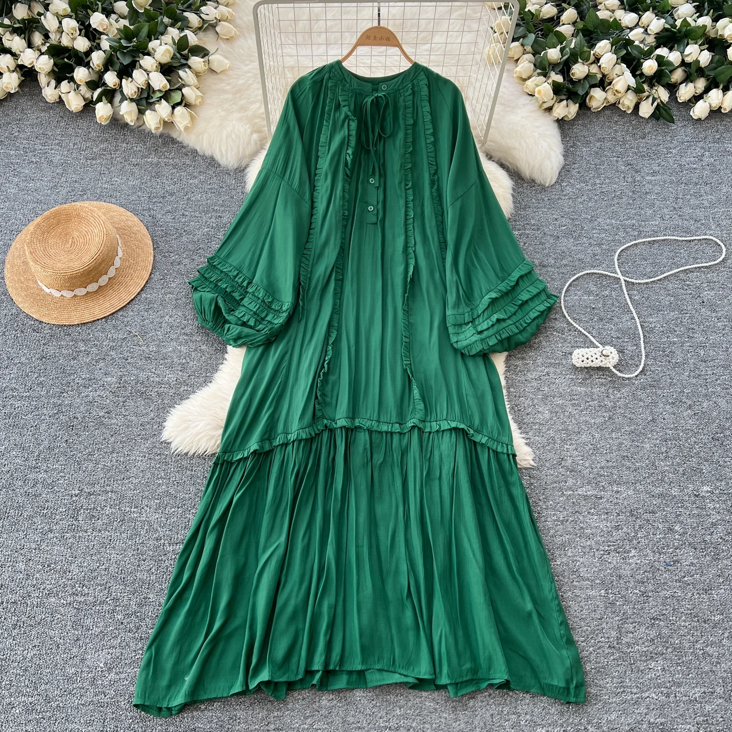 Vintage O-neck Lace-up Single Breasted Fashion Lantern Long Sleeves Elegant Loose Ruffle Dress Korean High Street Women Clothing
