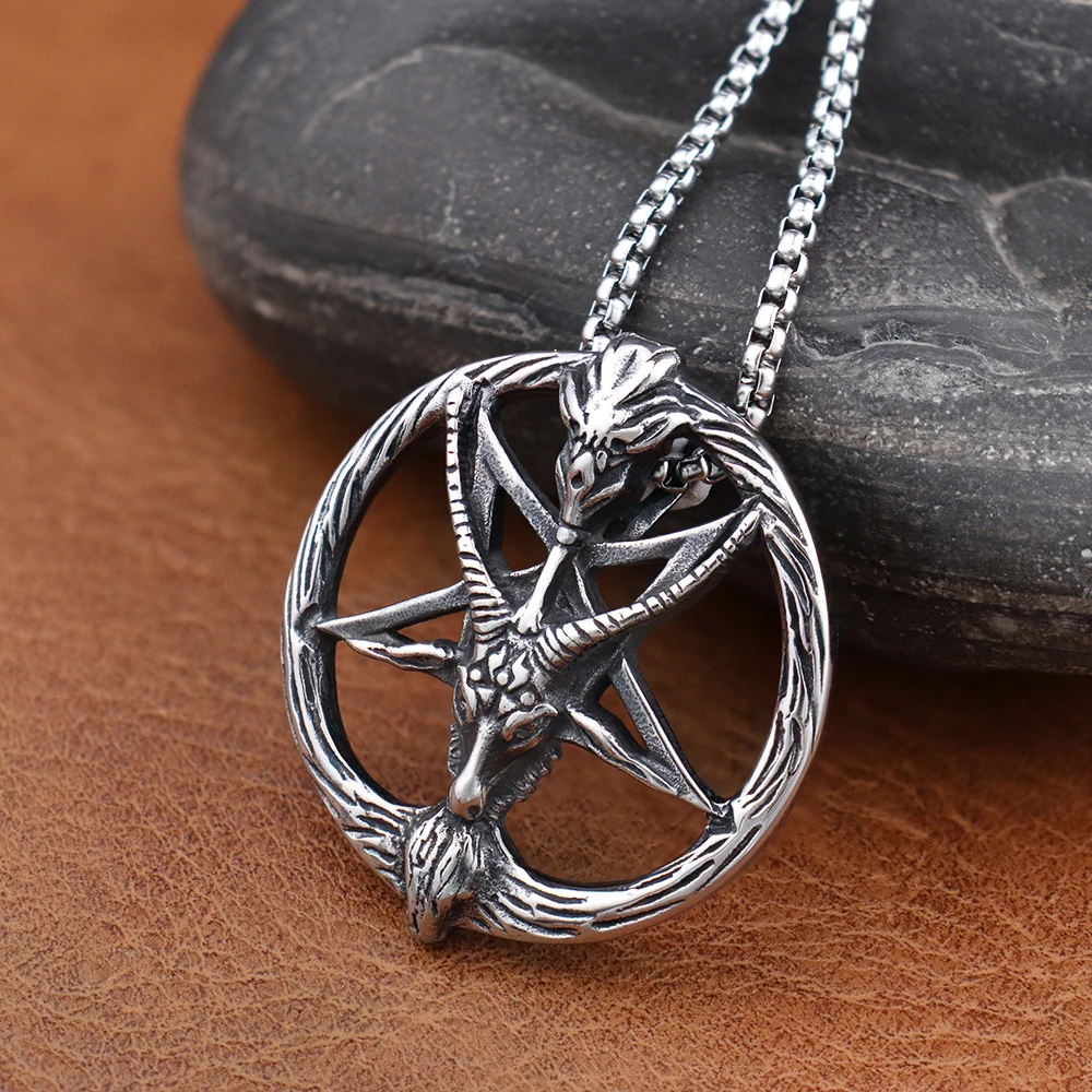 Vintage Men\'s 316L stainless Steel Satan Demon Sheep Head Pendant Gothic Baphomet Inverted Pentagram Goat Head Necklace Jewelry