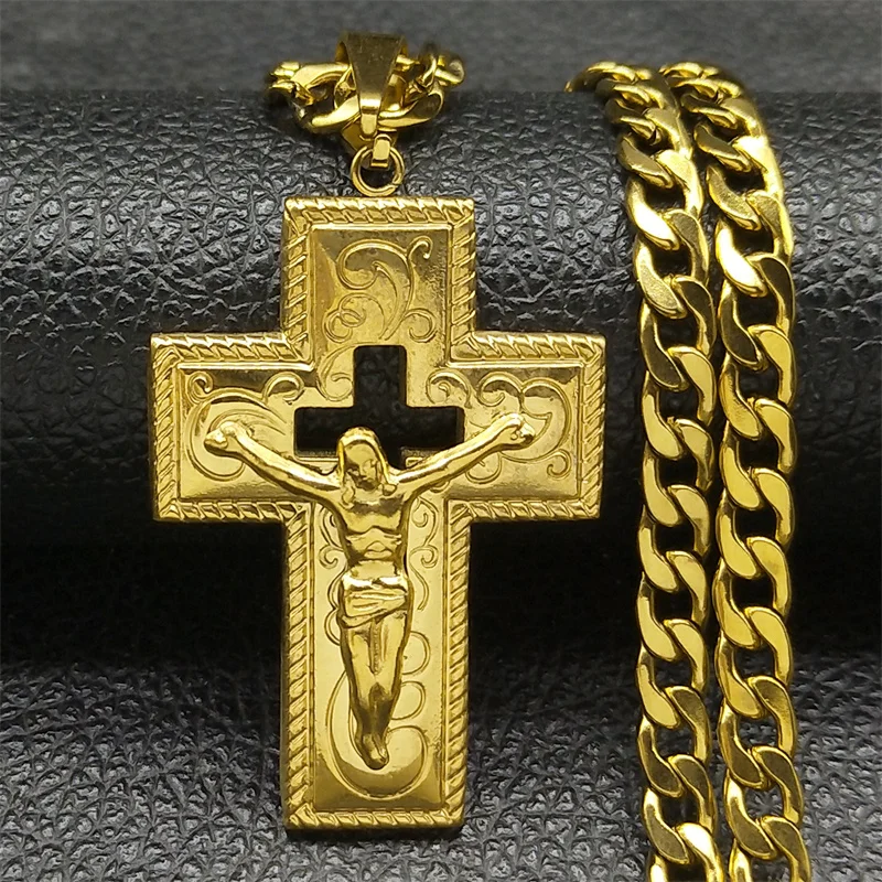 Hip Hop Cross Jesus Crucifix Stainless Steel Hollow Pendant Necklace Gold Color Male Necklace Jewelry Party Gift ZZZ614