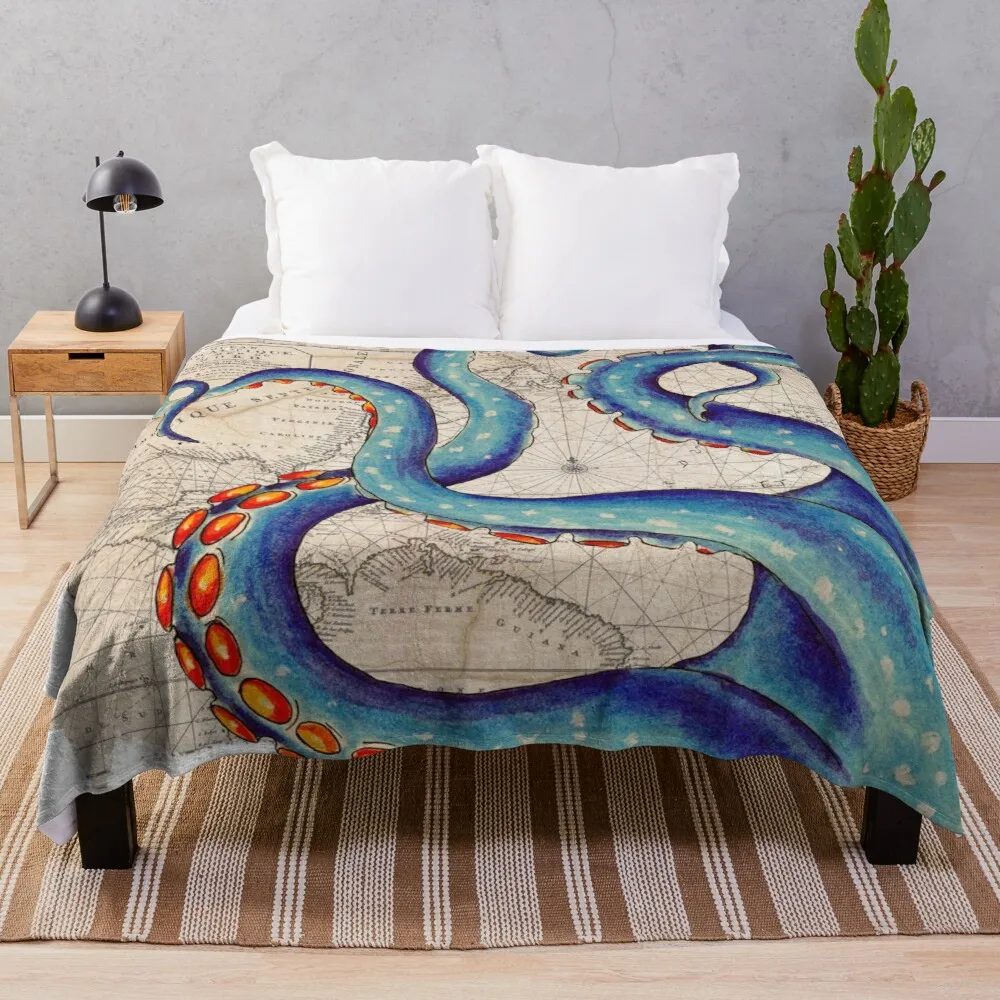 Tentacles Vintage Map Octopus Kraken Shabby Chic Beach Throw Blanket For Sofa Thin