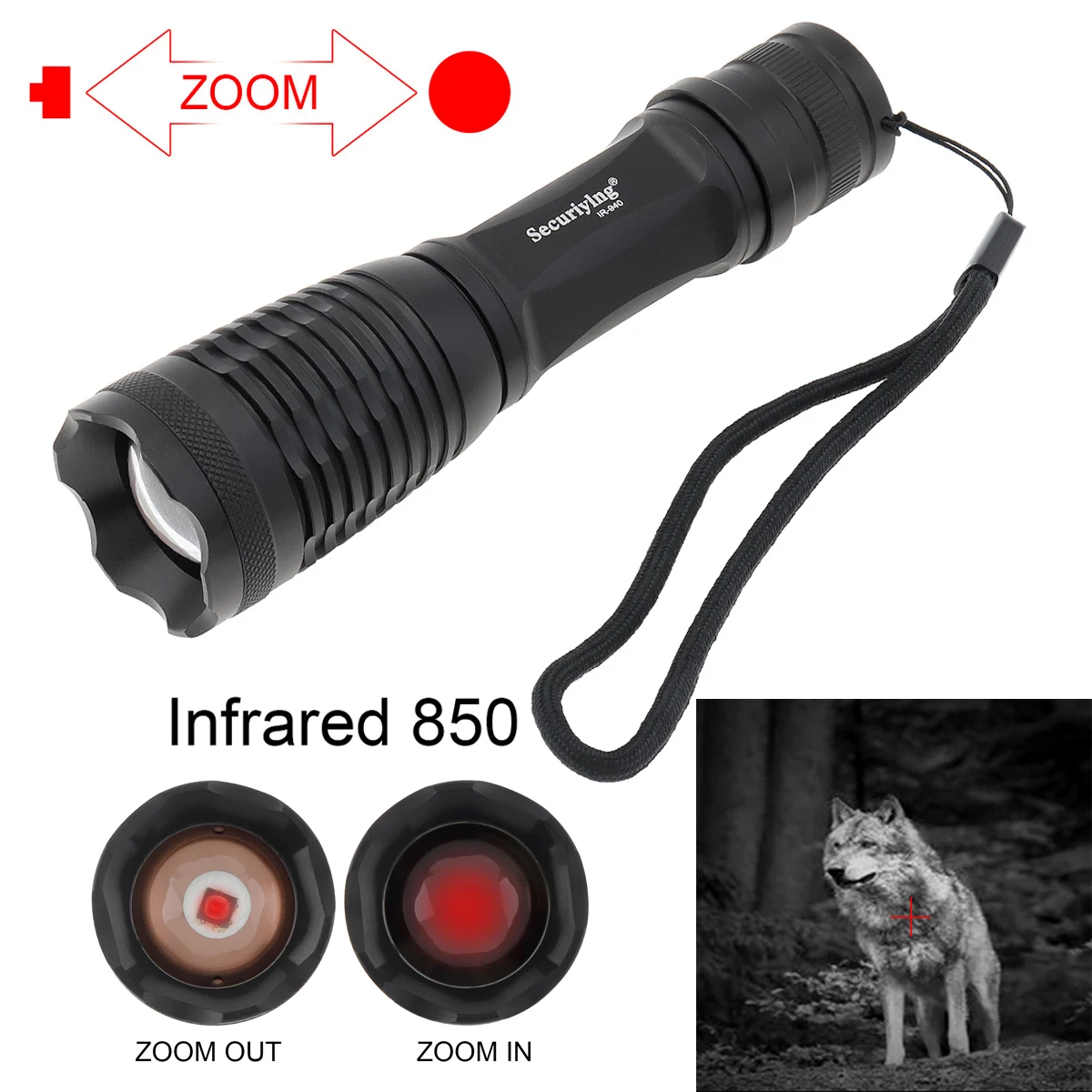 SecurityIng E6 IR Hunting Flashlight 850nm Wavelength LED Infrared Radiation IR Night Vision Torch Use 18650 / AAA Battery