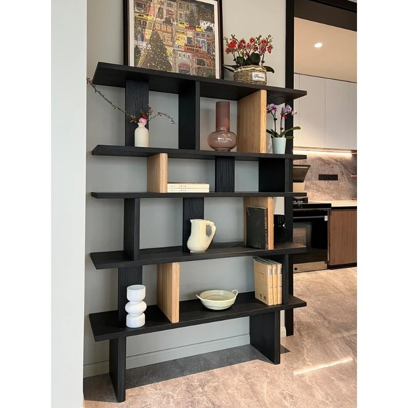 

Medieval retro creative solid wood bookshelf designer art against the wall floor lattice cabinet entrance shelf bookshelf