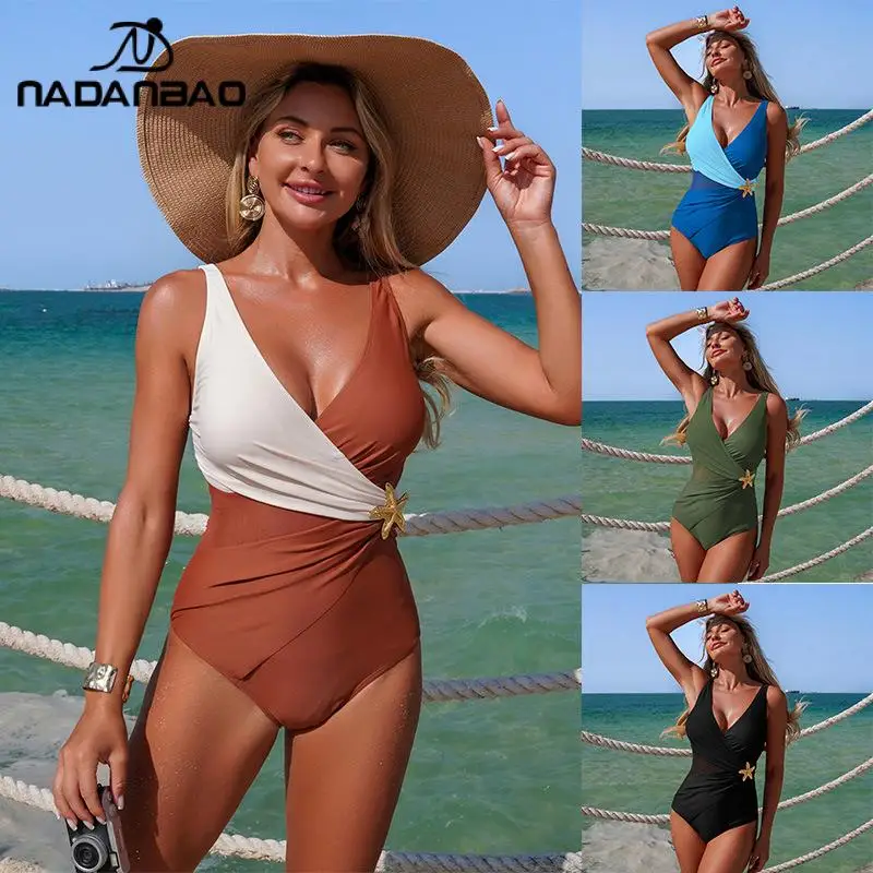 Nadanbao Spring Summer Women's Starfish One-Piece Swimsuit Sexy Ladies Mesh Patchwork Beachwear Sleeveless Quick Drying Swimwear
