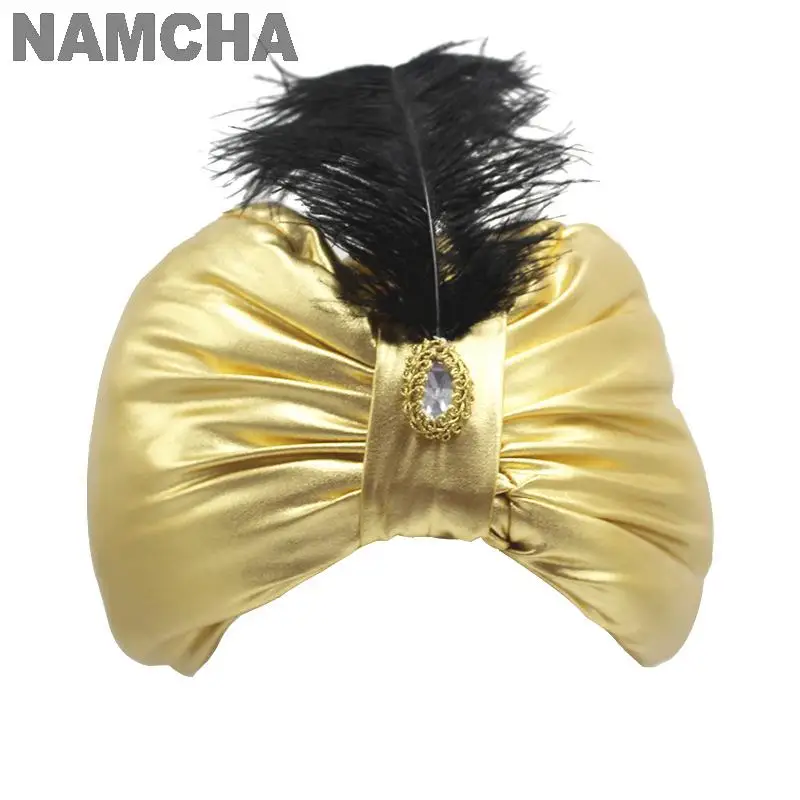 

Indian Arab Bright Gold Hat Turban Headwrap Ethnic Feather Pleated Adult Men Sultan Clothes Headdress Hats Halloween Party Cap