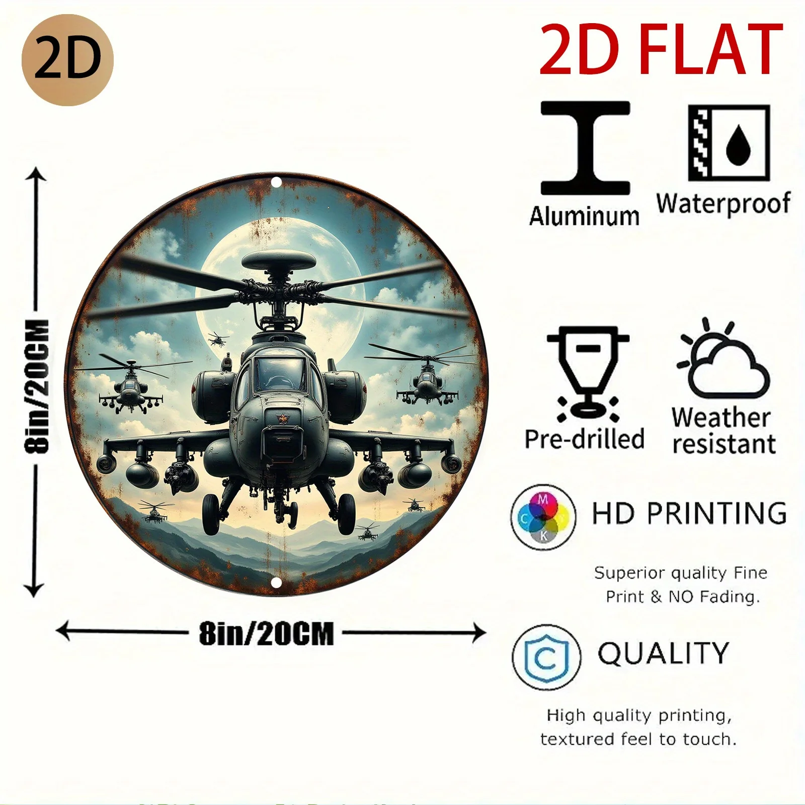 Vintage Military Helicopter Metal Wall Art - Rustic Aviation-Themed Round Metal Sign for Helicopter Lovers, Army Decor, & for