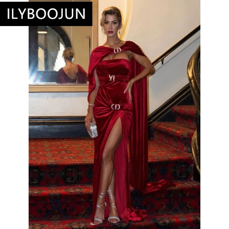 

Sexy One Shoulder Diamonds Ruched Maxi Dress Women Red Velvet Folds Draped Split Long Dresses Christmas Evening Party Prom Gowns