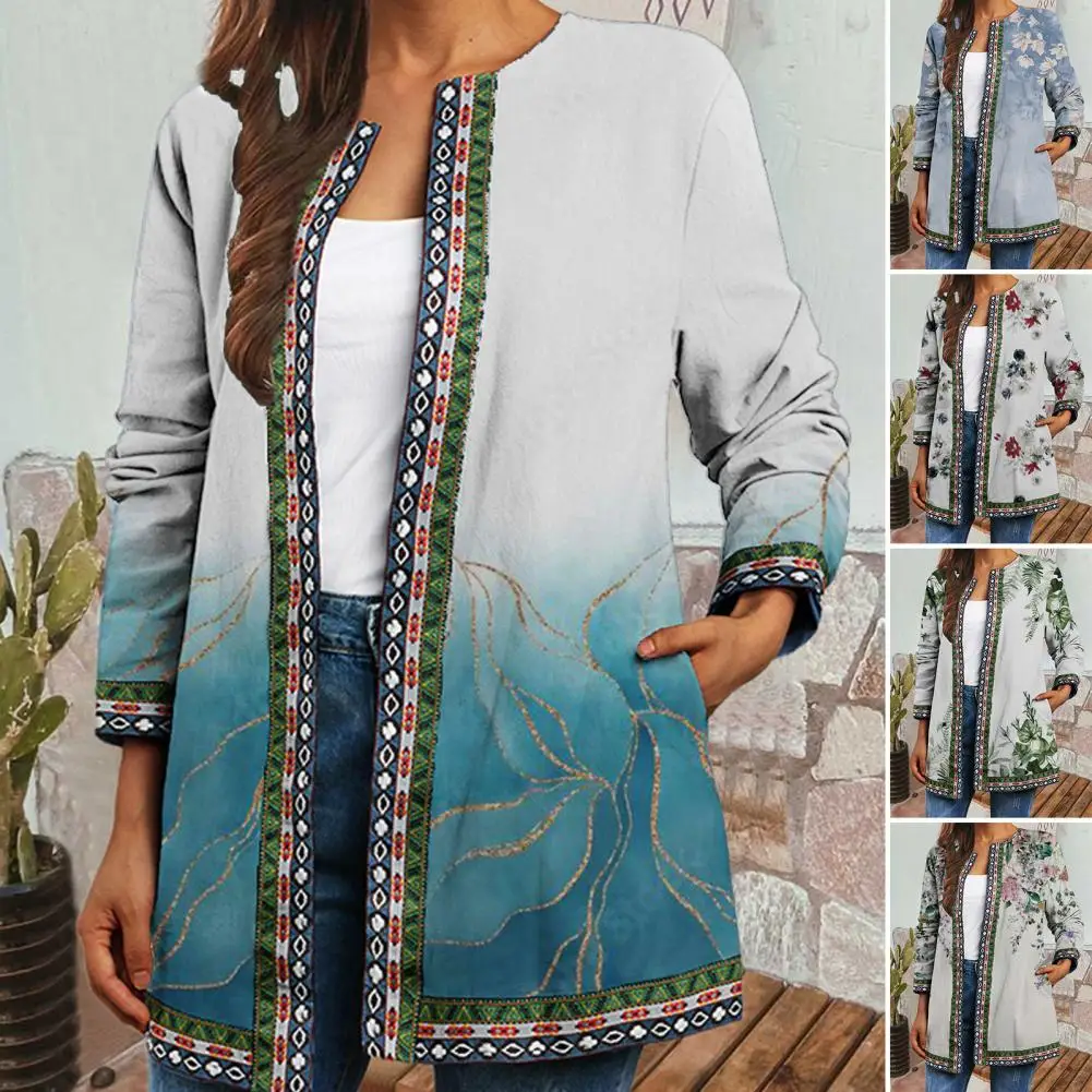 M - 5XL Spring Autumn Vintage Women Coat Flower Print Retro Long Sleeve Loose Ethnic Style Cardigan Plus Size Ladies Jacket