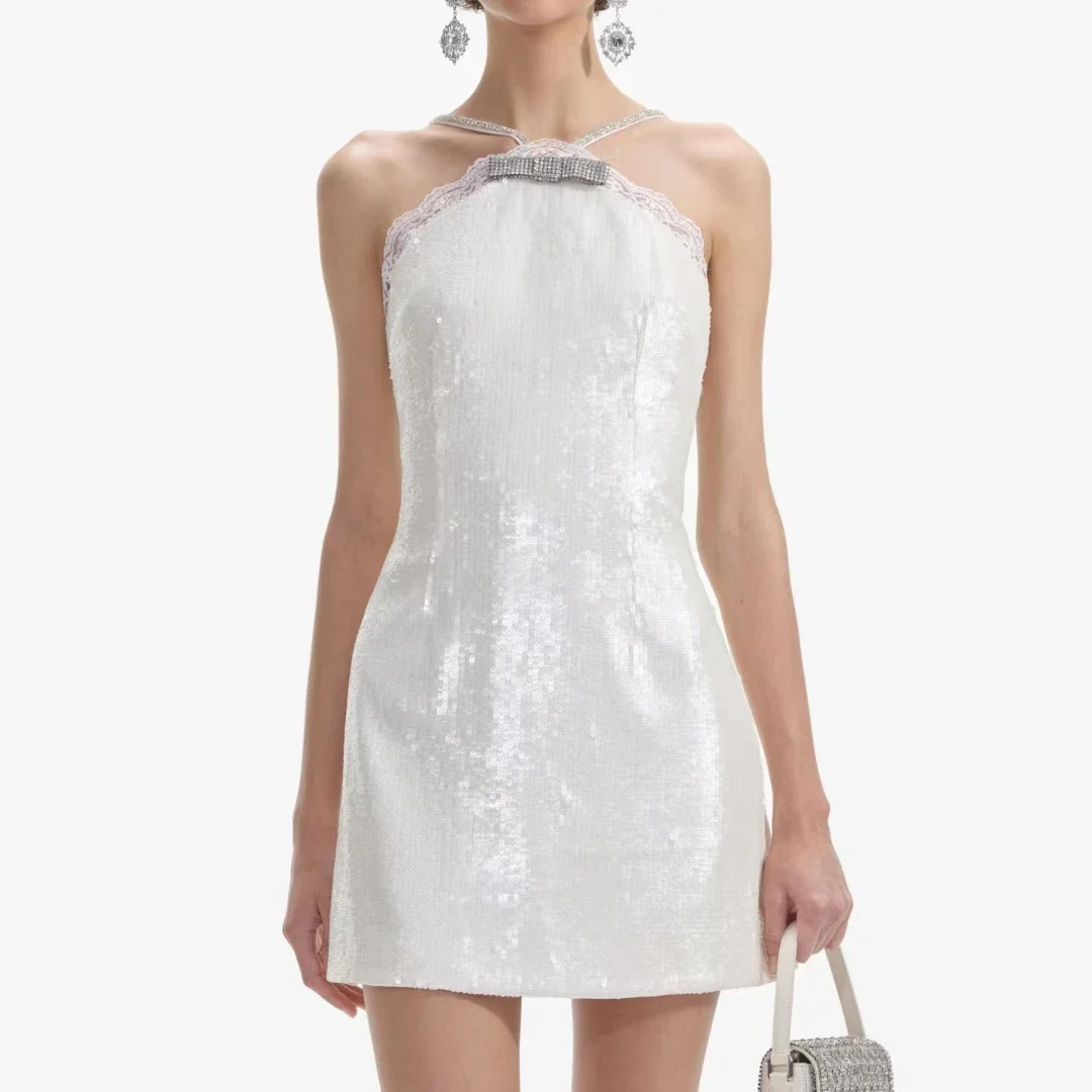 

Short Robes for Ladies 2024 New Spring Summer Diamond Decoration Hanging Neck Elegant Sweet Sleeveless Mini Dress