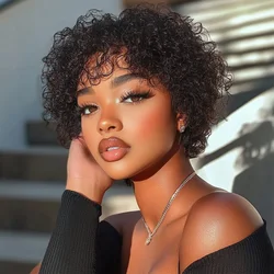 Pixie kurze Afro-Locken-Bob-Echthaar-Perücken mit Pony für Frauen, brasilianisches Remy-Haar, zum Anheben und Ausgehen, natürliche braune verworrene lockige Perücken