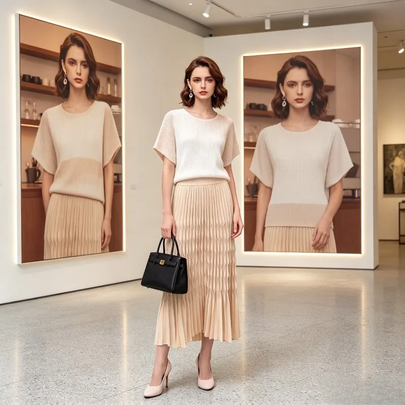 Miyake Pleated Original 2026 Summer New Casual Fish Scale Pleated Batwing Sleeve Solid Color Versatile High Elastic Top Pleat