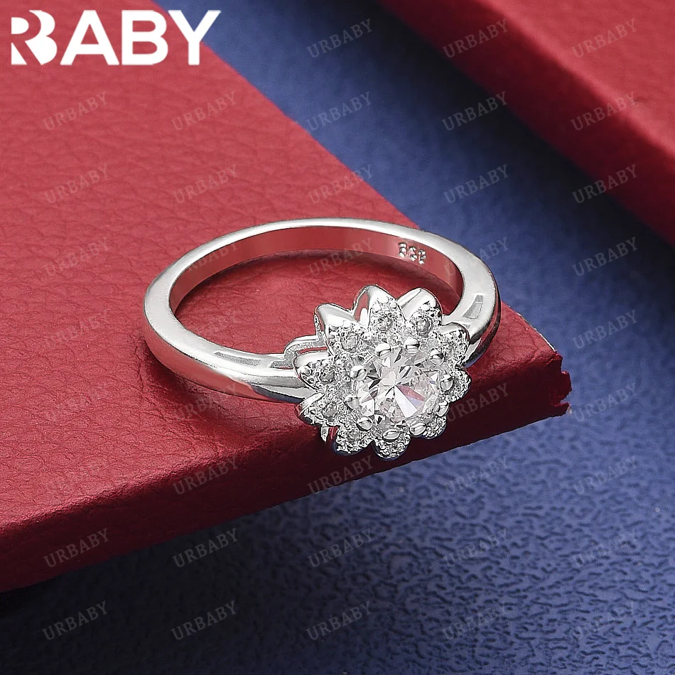 

URBABY 925 Sterling Silver Size7-10 Zircons Flower Ring Fashion Jewelry Vintage Grace Charm Noble Party Birthday Gifts