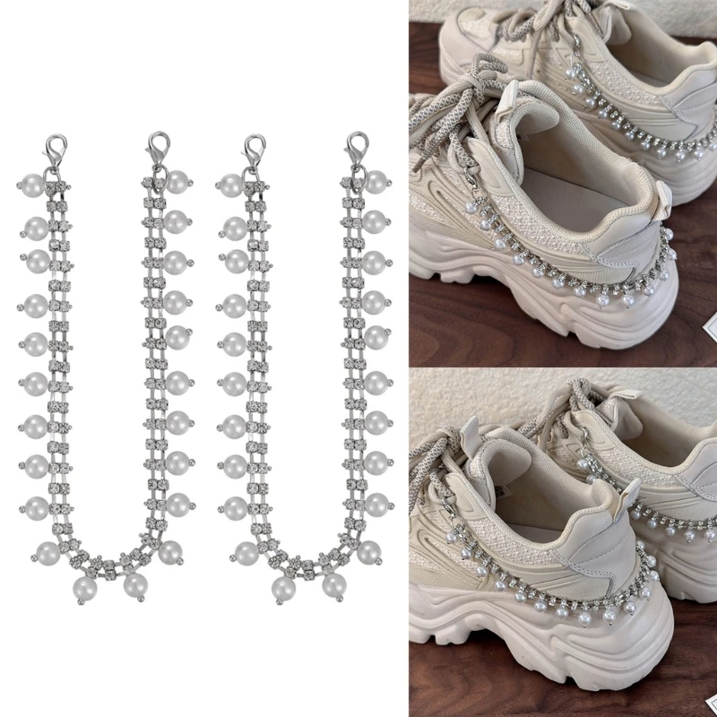 

H3CB 2Pcs Shoe Charm Rhinestones Pearls Embellished Shoe Chain For Party High Heel Boot Sandals Sneakers Bag Accessories