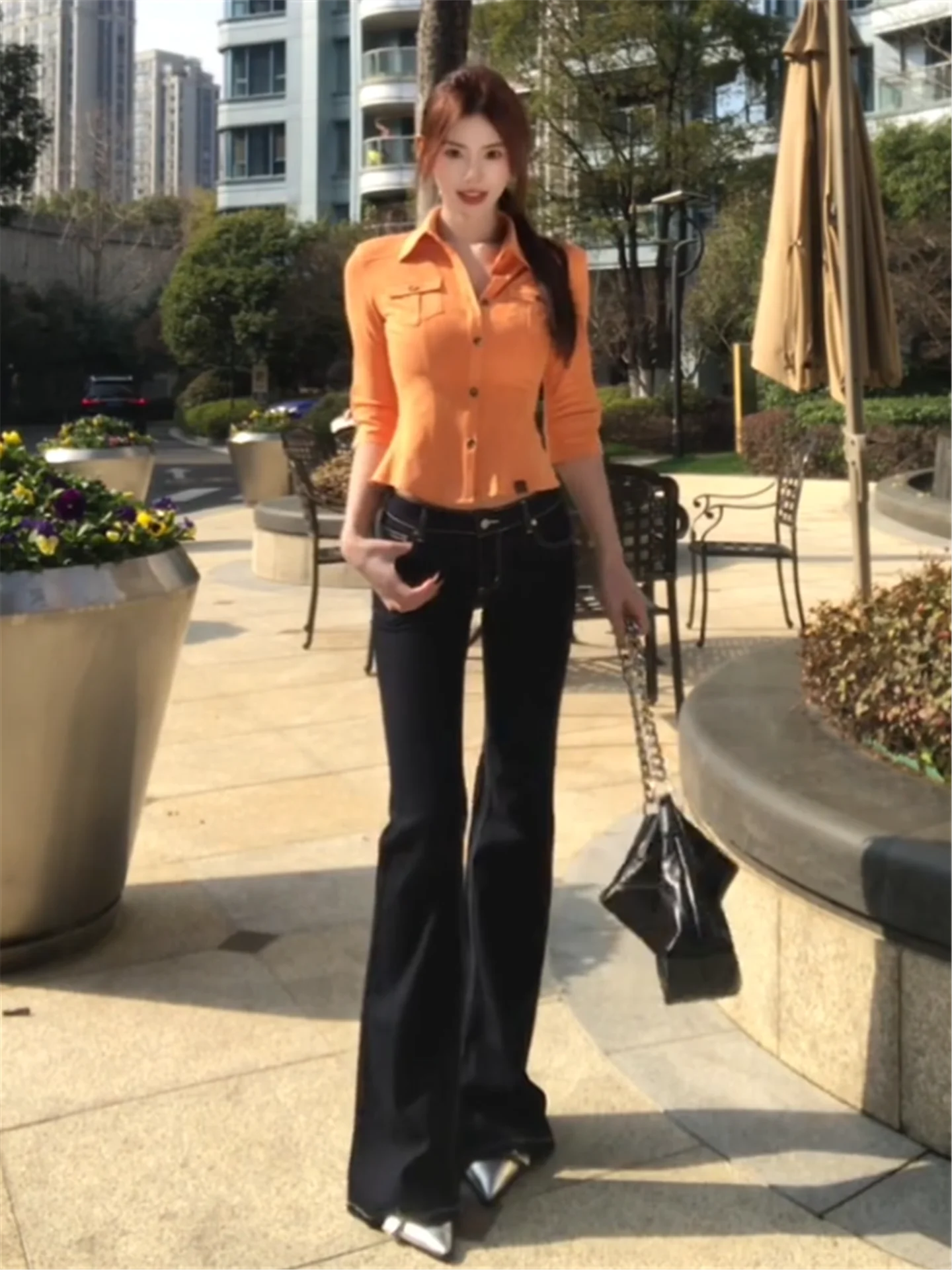 

American Street Style Low Waist Bell Bottom Jeans Women's Extended Length High Heel Slimming Blue Denim Pants Casual Cotton