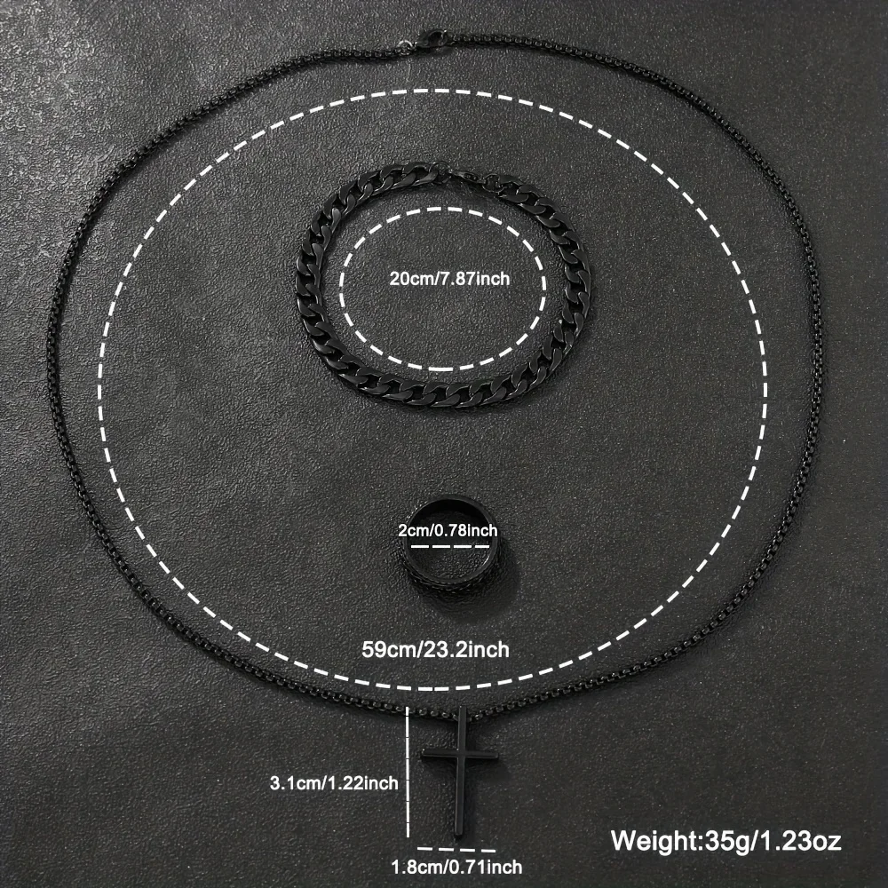 4pcs/set, 2024  Men's Simple Pointer Round Black Calendar Quartz Watch and Black Cross Pendant Necklace, Ring, Bracelet (NO BOX)