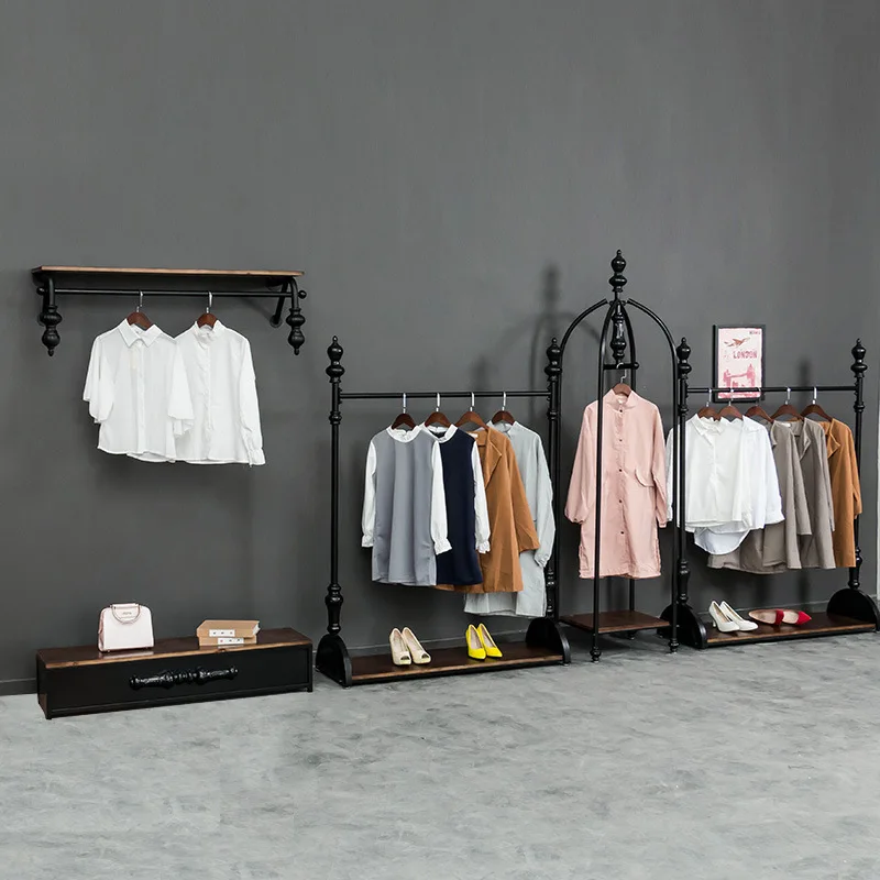 New vintage clothing store display rack, clothesrack, floor-standing wall-mounted side-hanging children's and women's clothing