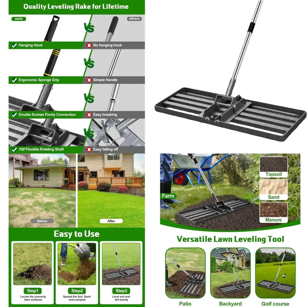 Rastrillo Nivelador de Césped de Alta Resistencia de 30x10 Pulgadas con Varilla de Acero Inoxidable y Acero al Carbono para Distribución de Tierra, Arena y Sustrato en Jardines