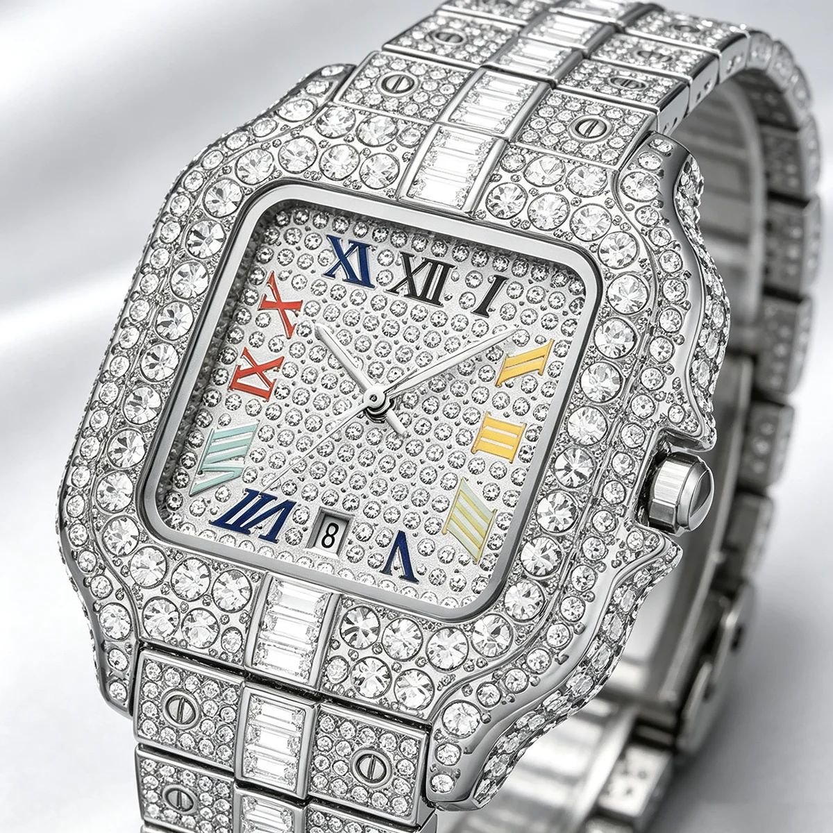 Men Full Diamond Square Quartz Watch Iced Out Roman Numeral Dial Calendar Hip Hop Bling Wristwatch For Men Jewelry Gift Reloj