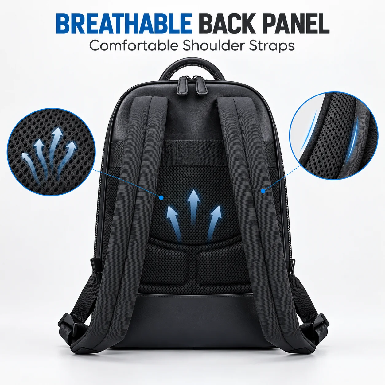 Classic Men Backpack Genuine Leather Large Capacity Black Leather Laptop Knapsack with Dual Zipper for Formal Office Daily Trips