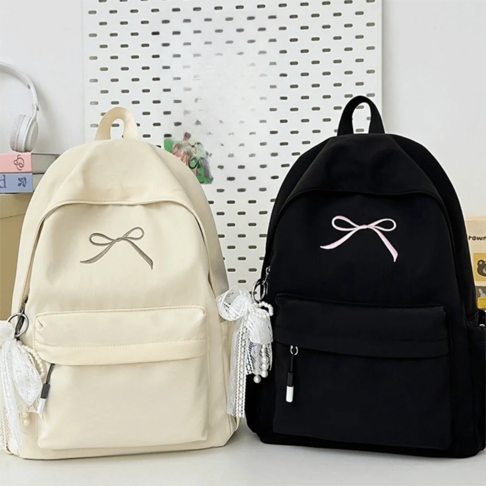 Cute Embroidered Bow Girls Backpack Nylon Large Capacity Students Schoolbag Lightweight Solid Color Travel Rucksack