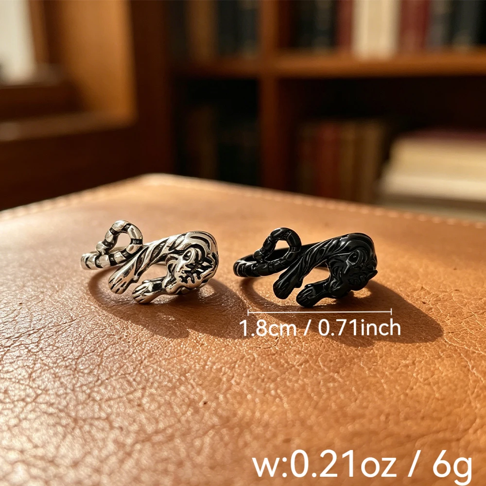 3D Lying Tiger Open Ring Set Vintage Distressed Silver and Black Adjustable Unisex Decorative Ring