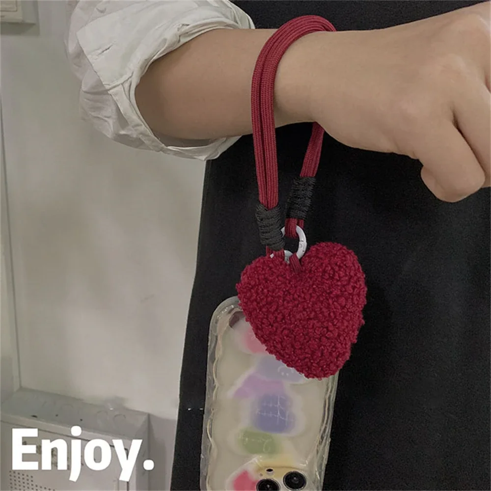 Cute Plush Love Heart Phone Lanyard Straps Hanging Chain Ring Cord with Patch Wrist Strap Phone Holder Detachable Rope Keychain