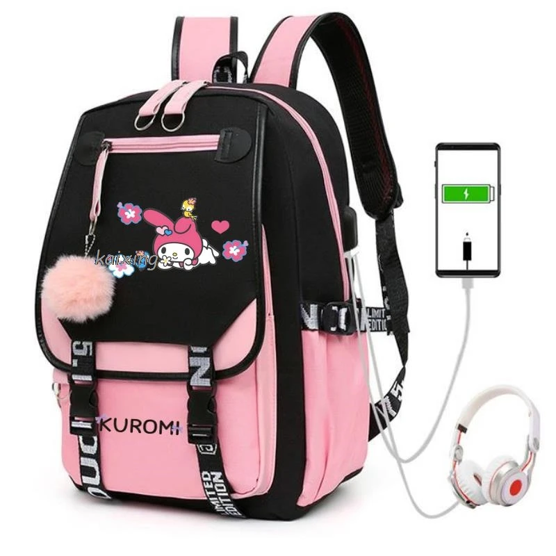 Bonito kuromi mochila feminina estudantes do ensino médio sacos de escola da menina carregamento usb grande capacidade diário infantil