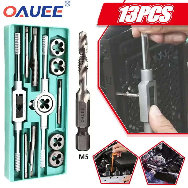 

13Pcs Metric Hand Tap and Die Set M3-M12 Screw Thread Plugs Straight Taper Reamer Tools Tap and Die Set Tools