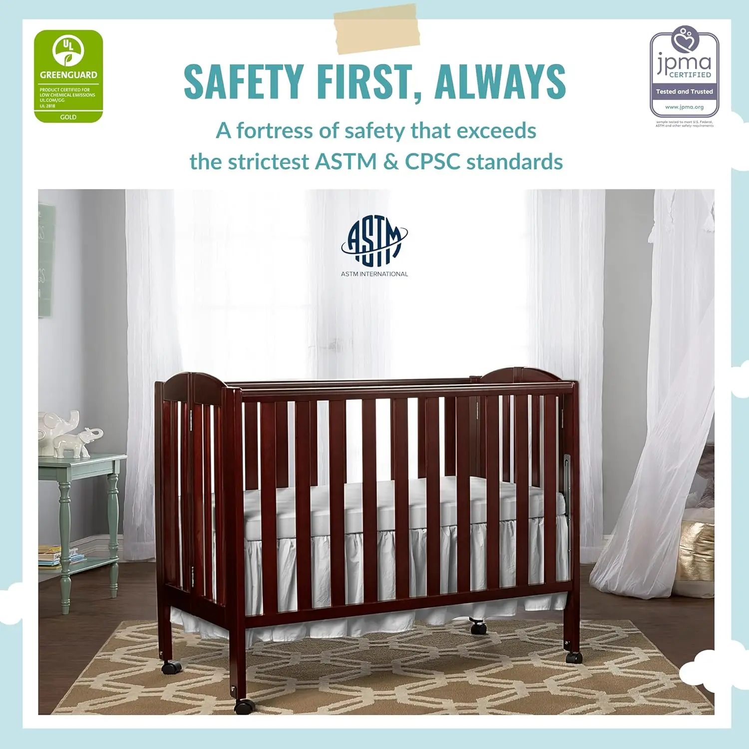 Portátil dobrável estacionária Side Crib em Espresso, Greenguard Gold Certified, 3 em 1, 41x26x0 Polegada, Pacote de 1