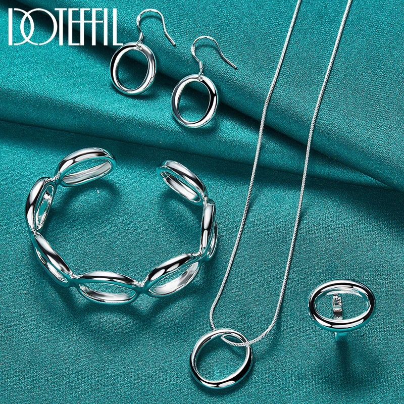 

DOTEFFIL 4pcs 925 Sterling Silver Round O Bracelet Earring Necklace Ring Set For Woman Man Wedding Engagement Party Jewelry