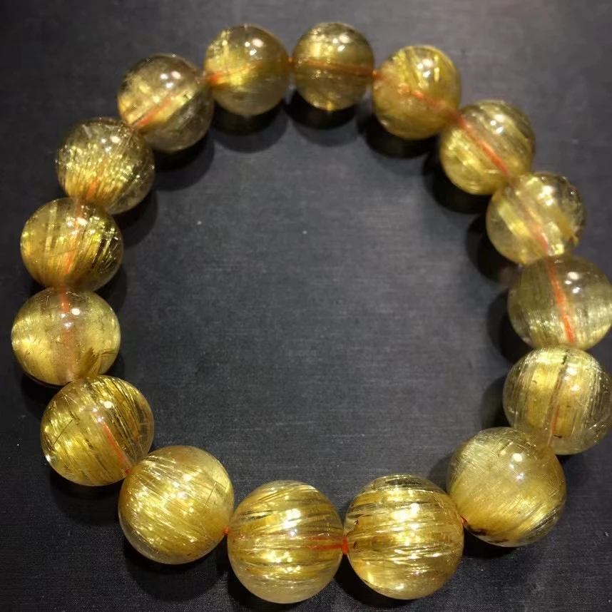 

Natural Gold Rutilated Quartz Woman Man Titanium Bracelet Wealthy Stone 13mm Clear Round Beads Jewelry Bangle AAAA