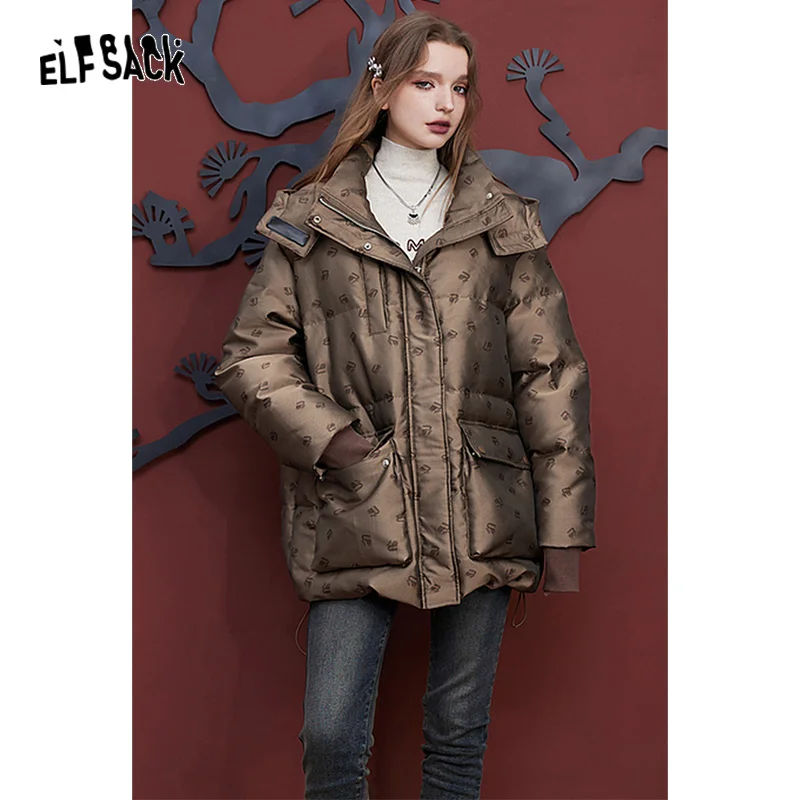 ELFSACK Brown Down Coats Women 2023 Winter Loose Mid-length Designed Jackets