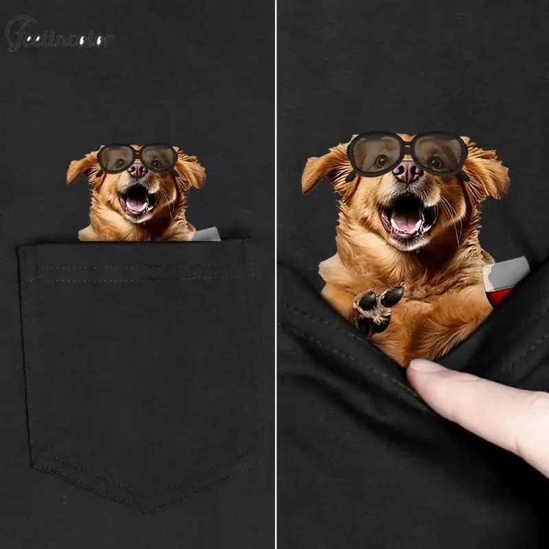 Fashion Men T-Shirt Cute Cat Dog Pocket T-Shirt 3D Printed Male for Women Shirts Tops Funny Round Neck Black Tees Clothing