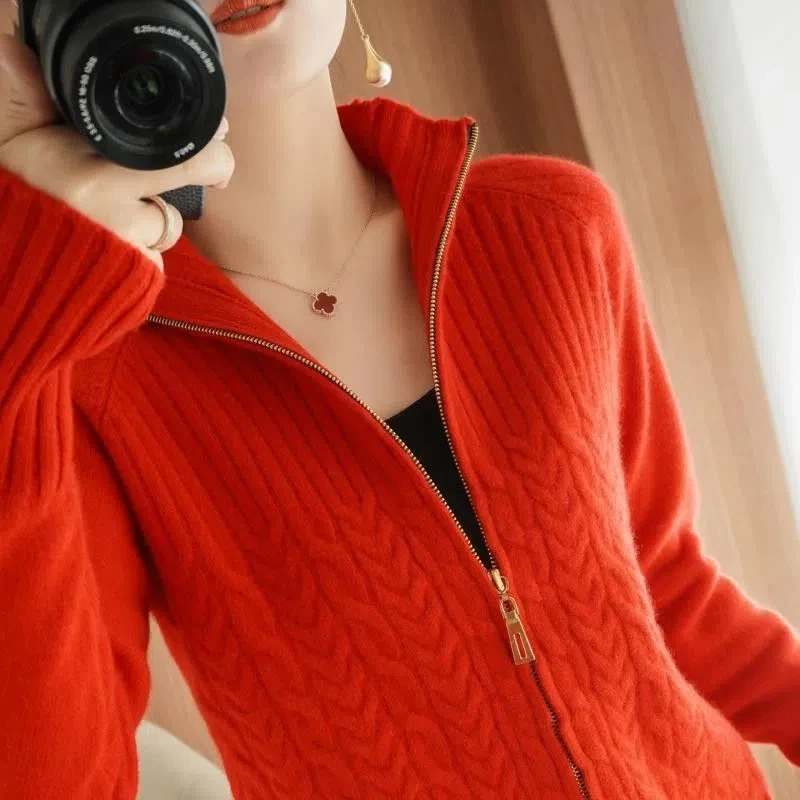 Women\'s Knitted Sweater Cardigan Jacket 2023 New Stand Coller Casual Zipper Sweater Coat Loose Slim Female Knitted Cardigans