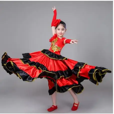 Spanish Costume Girl Long Red Flamenco Dress Ballroom Skirt For Girls Child Dance Dresses Costumes For Kids Clothes