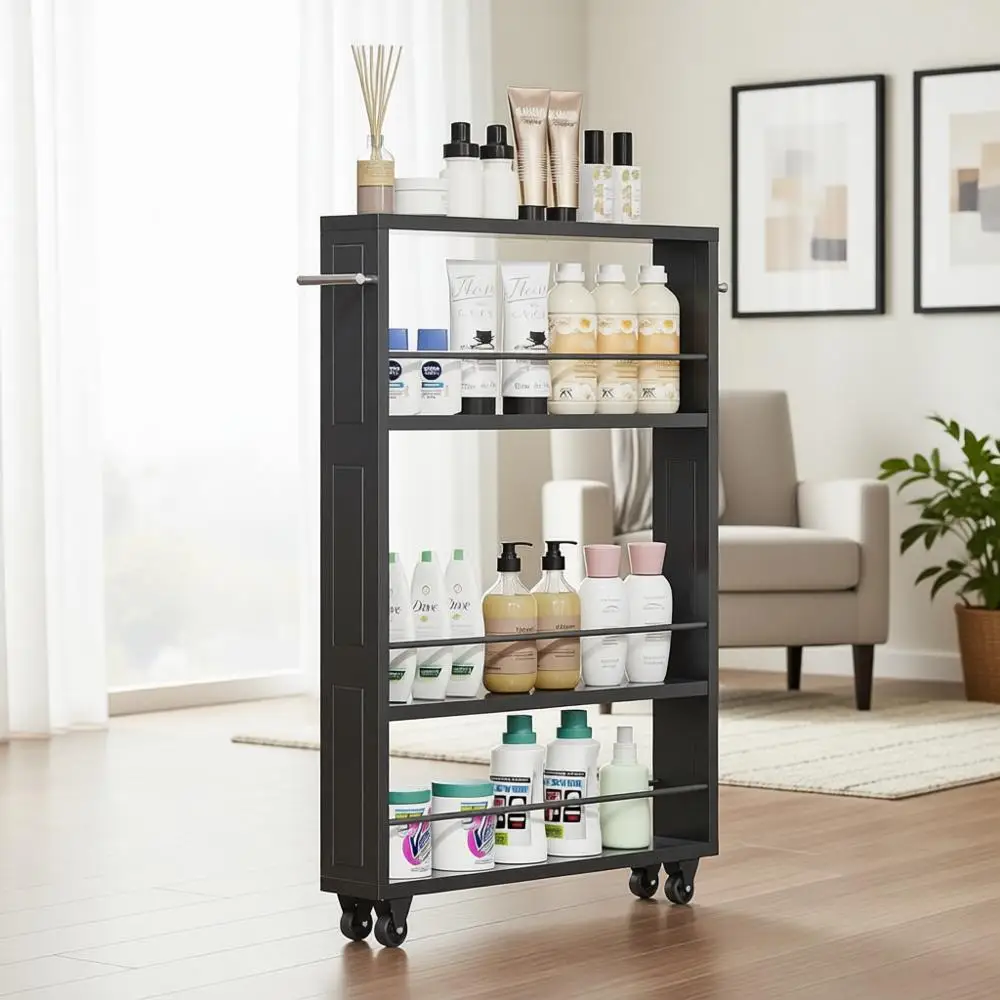 

4-Tier Black Kitchen Storage Cart with Wheels, Slim Rolling Utility Cart Organizer for Small Spaces