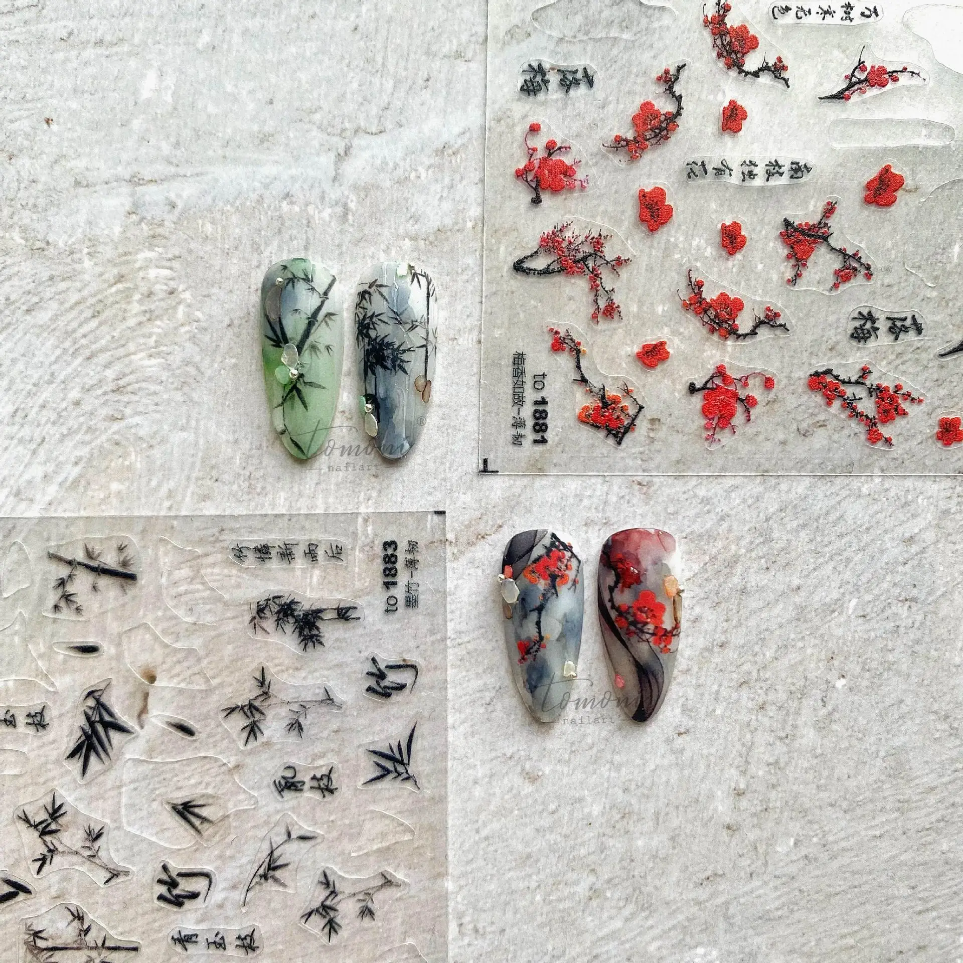 5D Ancient Chinese Style Nail Art Stickers Red Koi Bamboo Self-Adhesive Slider Goldfish Ancient Poetry Nail Art Nail Stickers