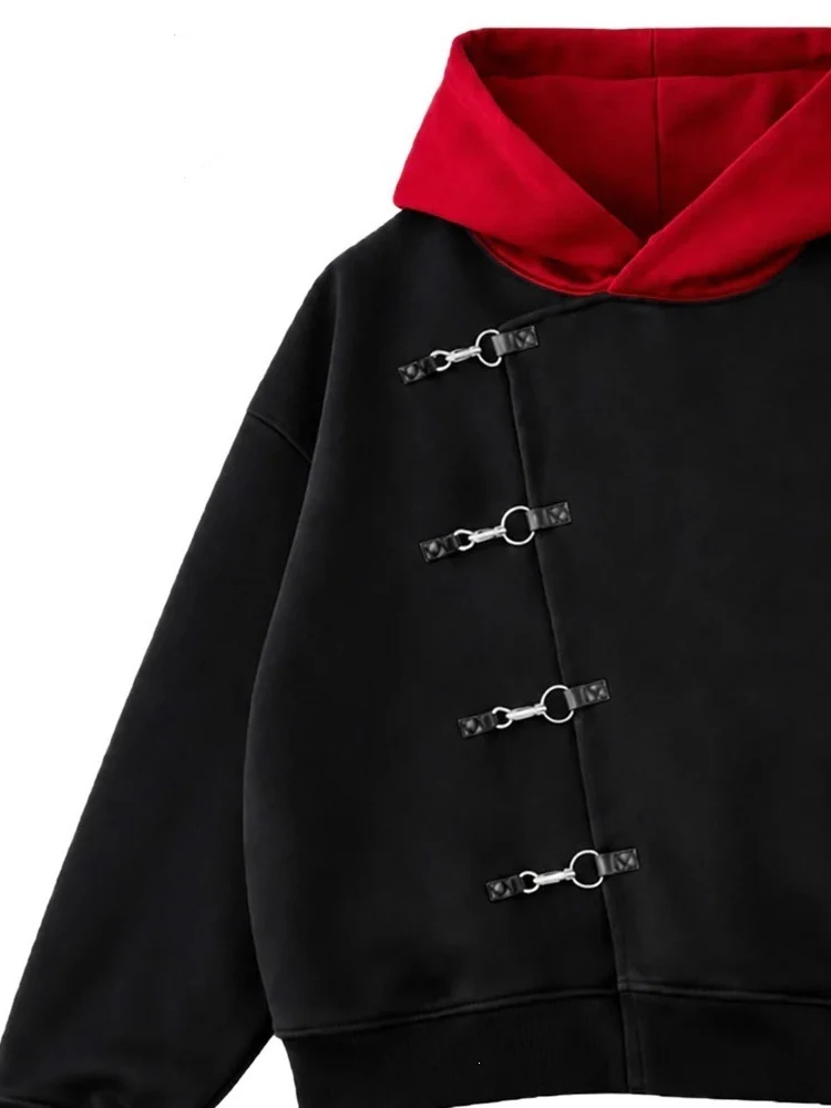 Herbst Winter Damen Goth Streetwear Y2K Ästhetik Kontrast-Kapuze Metallschnallen-Detail Diagonale Vorderseite Übergroßer Kapuzenpullover – Detail 4
