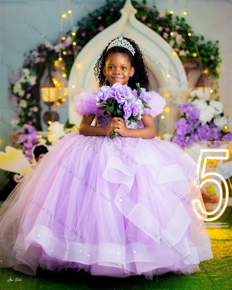 

Purple Luxury Crystals Princess Flower Girl Dress Sexy V Neck Short Sleeves Wedding Kids Birthday Party Pageant Gown Customized