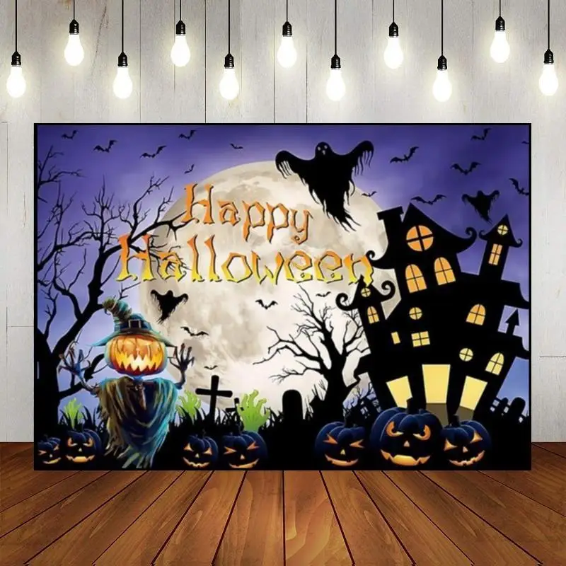 

Halloween Skull Birthday Decoration Background Full Moon Photo Pumpkin Lantern Baby Shower Night Photography Backdrops Horrible