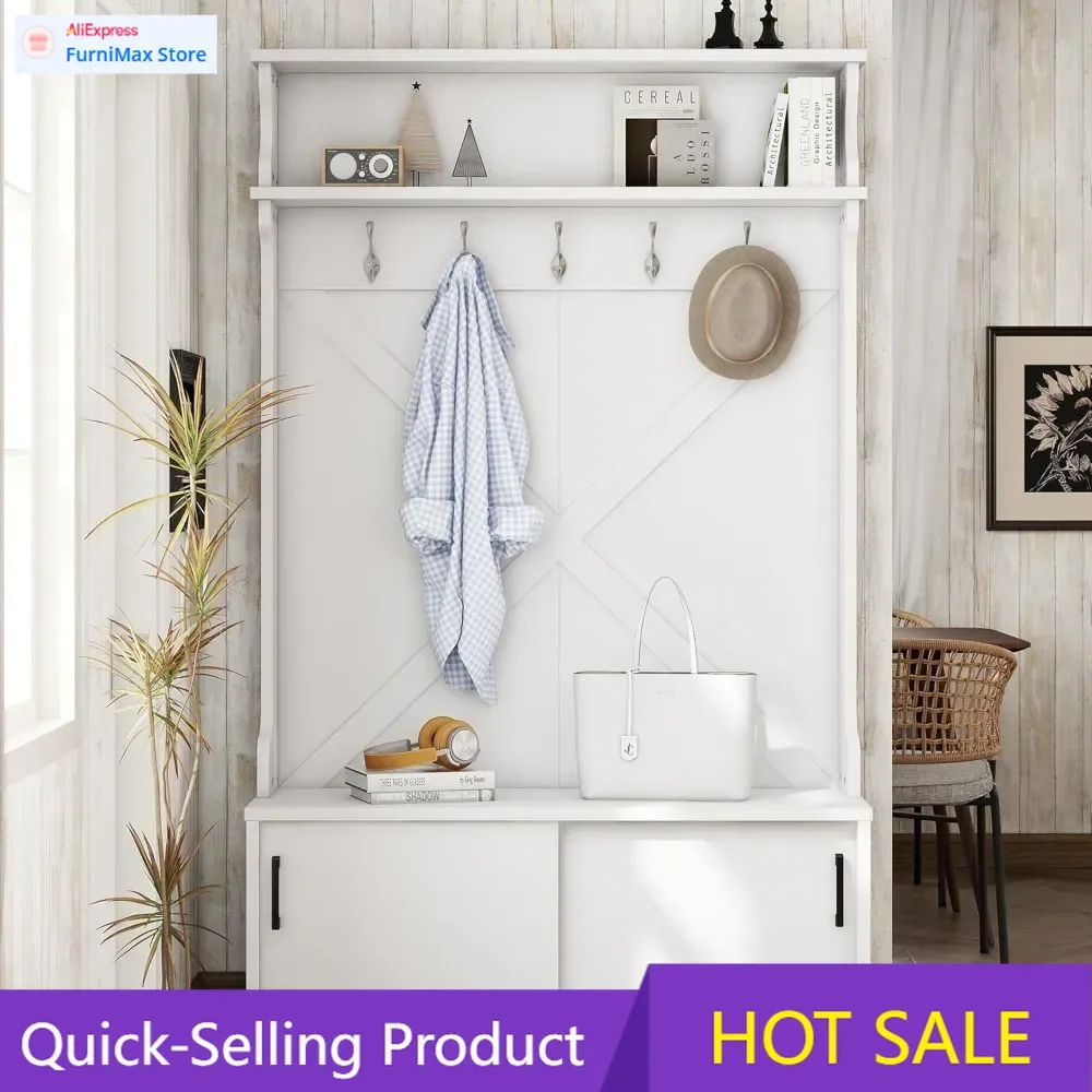 

Акция: ограниченное предложение! Тумба-шкаф для прихожей 47,2 дюйма с сиденьем для хранения, обувницей, вешалкой для одежды, раздвижными дверцами, белая, для прихожих.